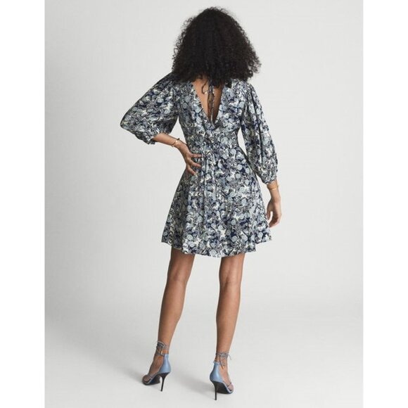 REISS Daisy Puff Sleeve Print Mini Dress / Size 6 / Blue White Floral V-Neck - Picture 2 of 13